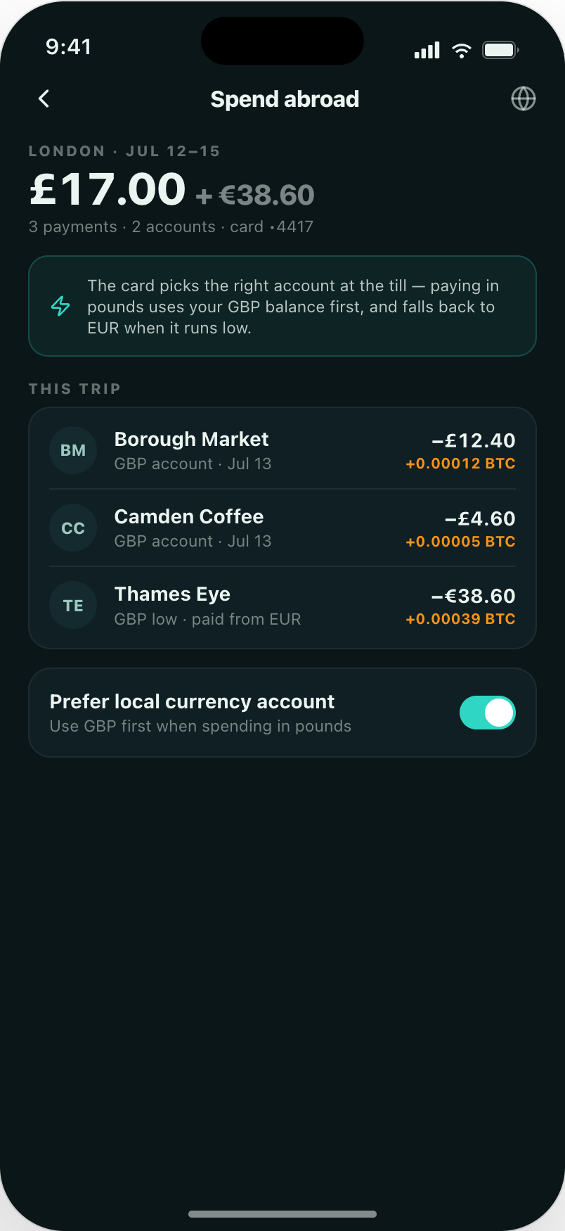 Meridian spend-abroad screen for a London trip totalling £17.00 plus €38.60 across three payments, where the card pays from the GBP balance first and falls back to EUR when it runs low, with a prefer-local-currency toggle