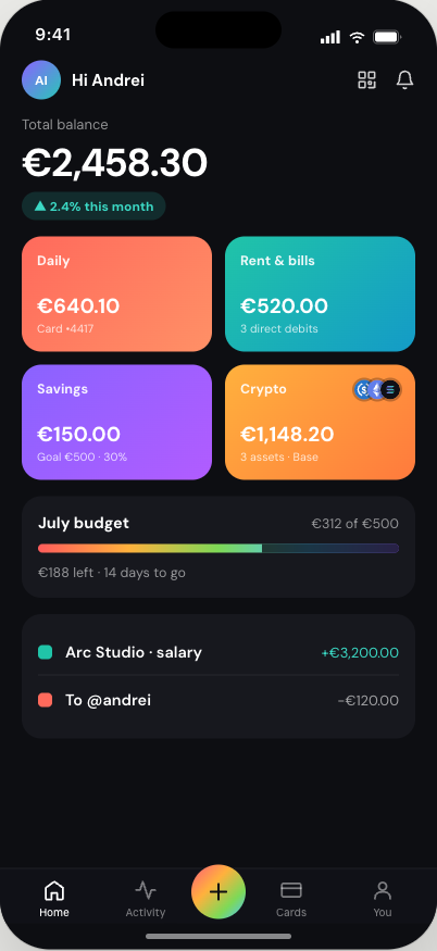 Volt example app home screen with a dark neon layout showing sub-accounts and balances