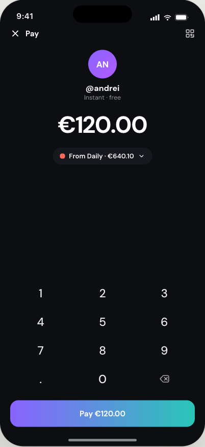 Volt pay screen sending €120.00 to @andrei instantly and free, with a source picker reading From Daily €640.10 and a gradient pay button
