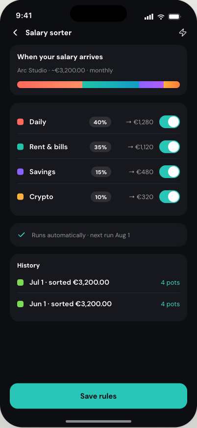 Volt salary sorter splitting an incoming salary across sub-accounts automatically