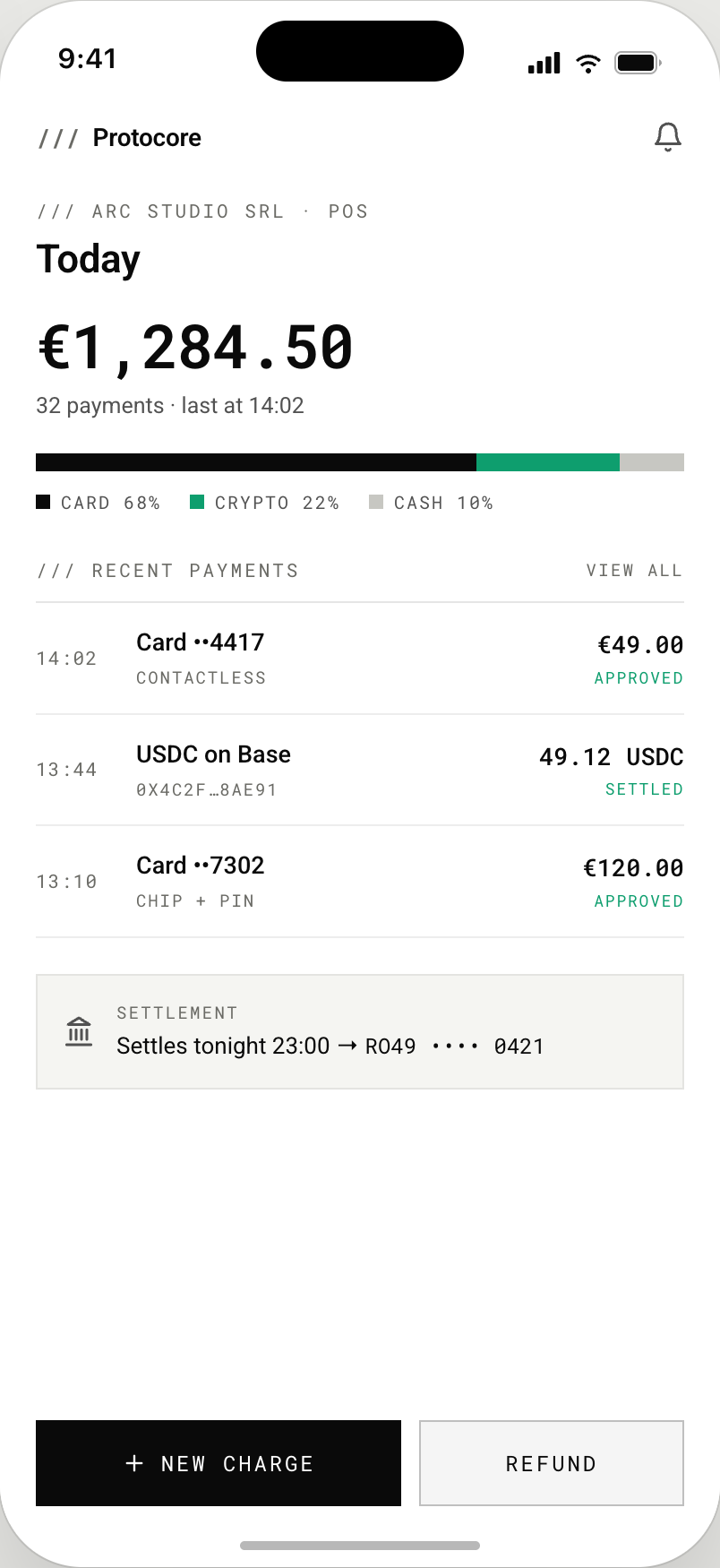 Merchant companion app showing the day's takings split between card and crypto