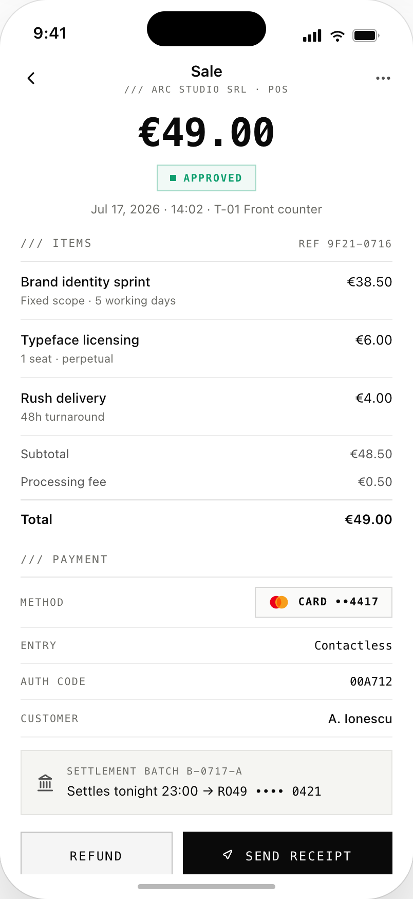 The merchant app sale detail for the €49.00 order 9F21-0716 showing approved status, itemized lines, the contactless card payment with auth code, the customer's name, tonight's settlement batch, and refund and send-receipt actions