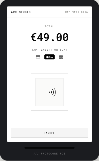Payment terminal showing a €49.00 charge ready for tap or insert