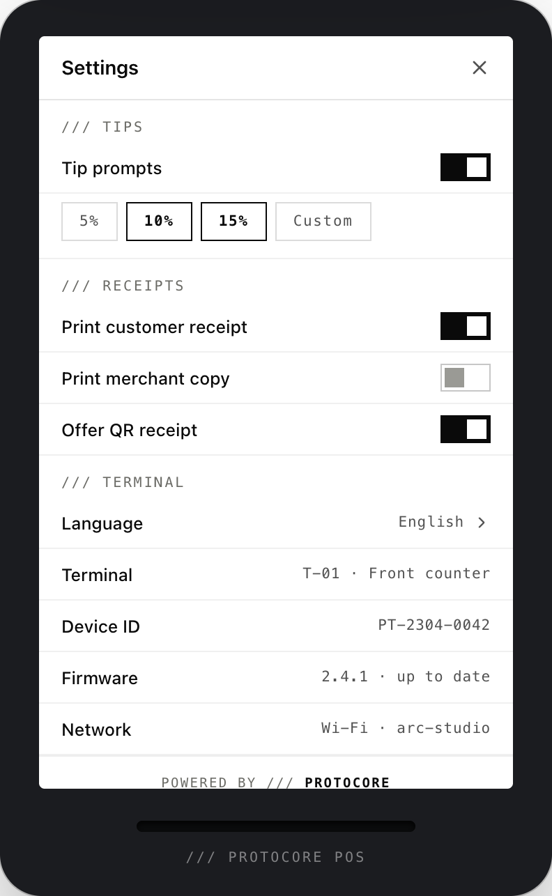 The PoS terminal settings screen with tip prompts at 5, 10, and 15 percent or a custom value, toggles for printed and QR receipts, and device details for language, device ID, firmware, and network