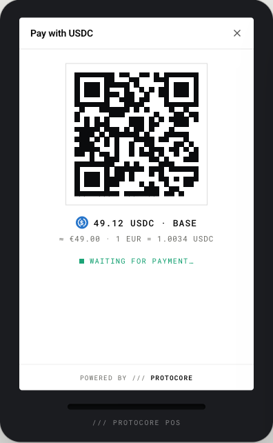 Payment terminal displaying a USDC QR code for the same charge
