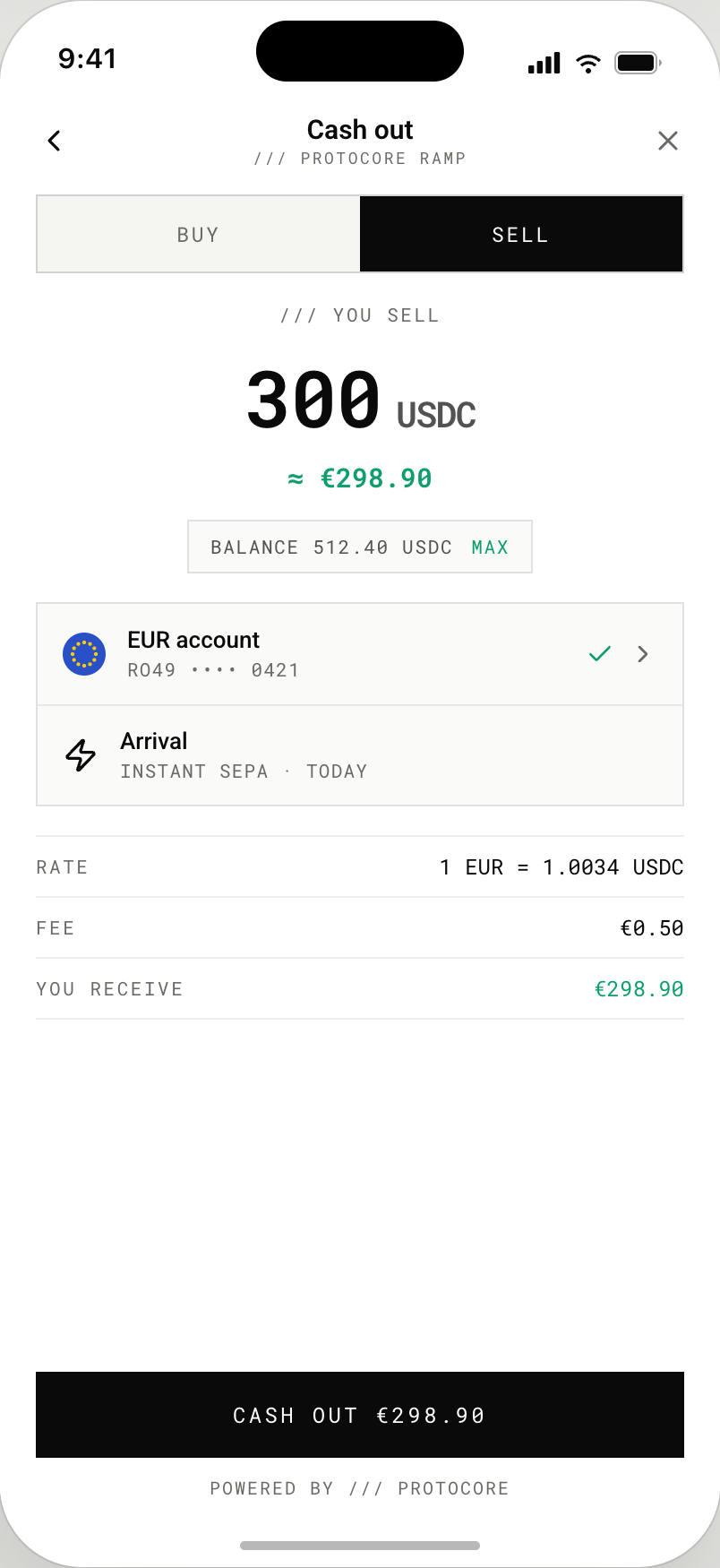Mobile off-ramp flow selling 300 USDC for €298.90 via instant SEPA