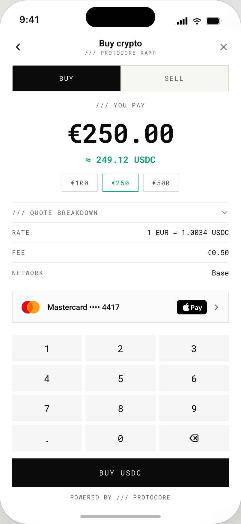 Mobile on-ramp flow buying 249.12 USDC for €250