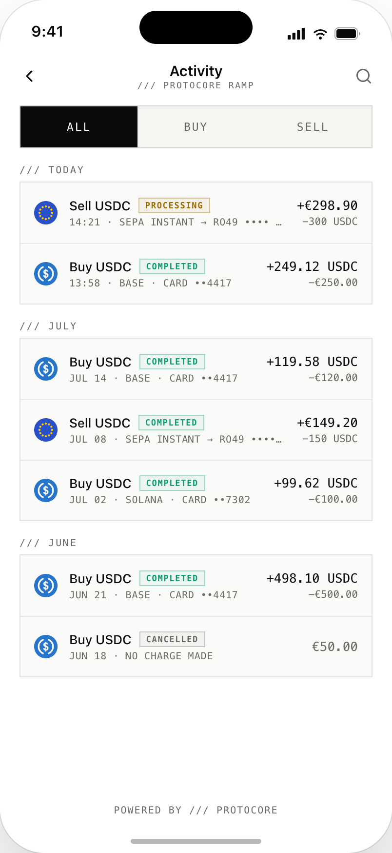 Mobile activity screen listing buy and sell orders grouped by month, with a sell processing over instant SEPA, completed buys on Base and Solana, and a cancelled order marked no charge made