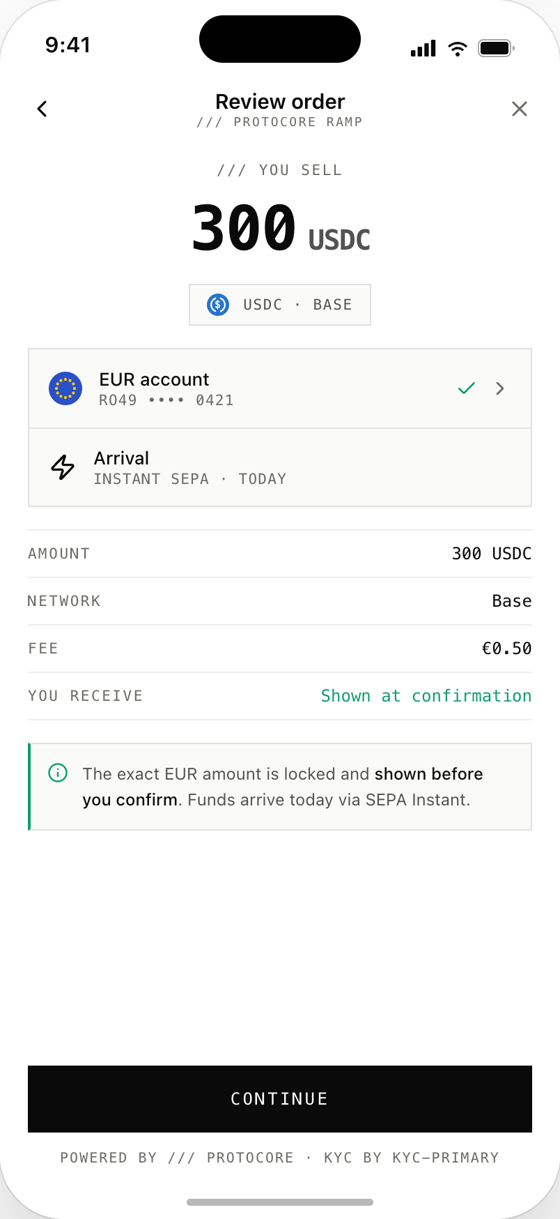 Mobile review-order screen selling 300 USDC on Base to a EUR account ending 0421, with a €0.50 fee itemized, instant SEPA arrival today, and the exact EUR amount locked and shown before confirming