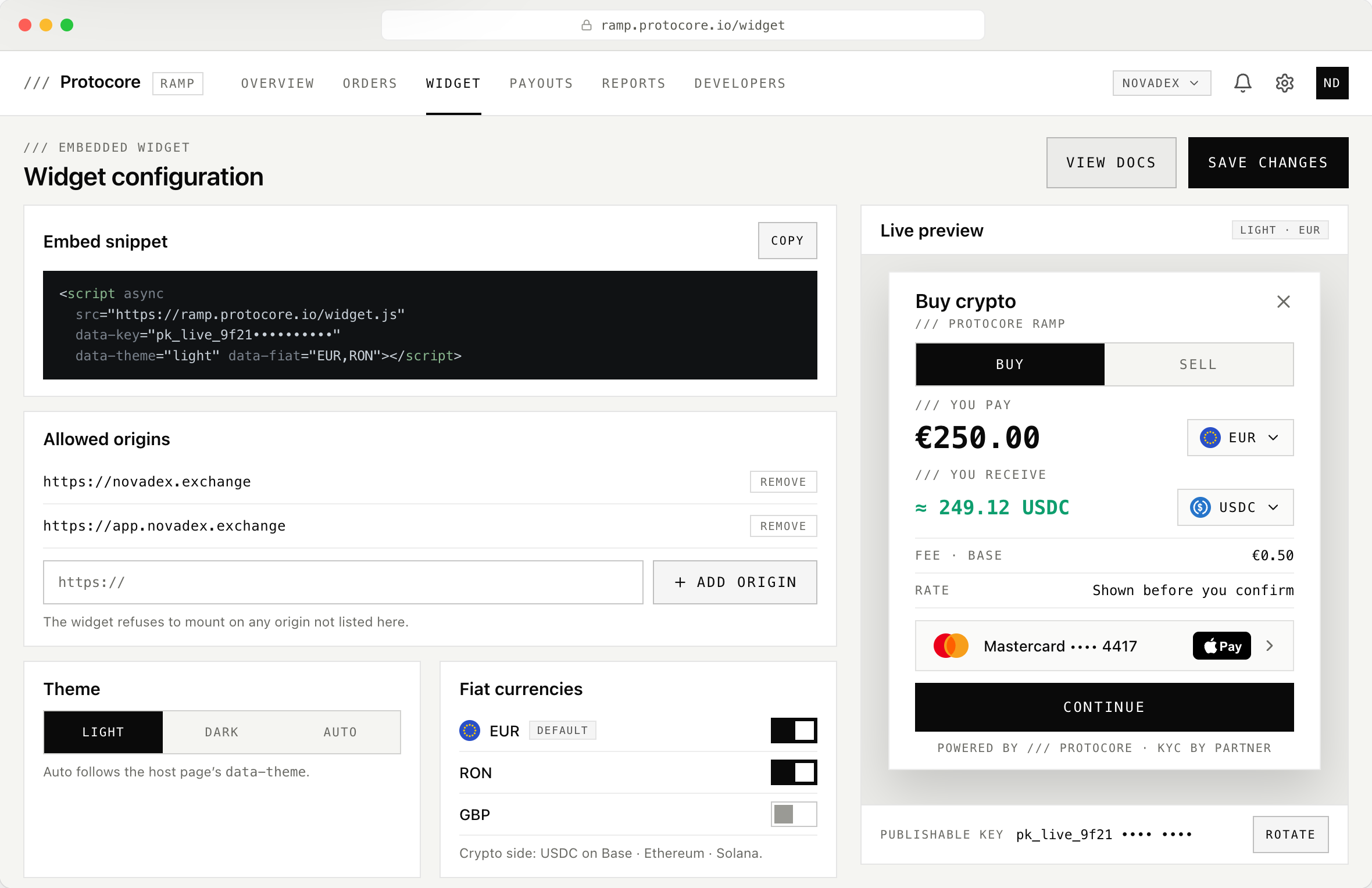 Widget configuration page for the NovaDEX partner showing the embed script, allowed origins, theme and fiat currency controls, a rotatable publishable key, and a live preview of the buy widget