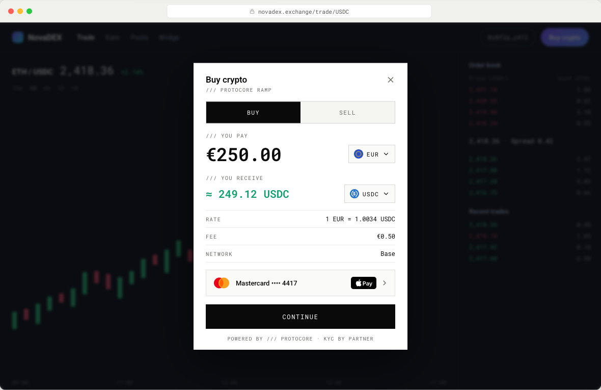 The Ramp widget embedded inside the NovaDEX partner exchange interface