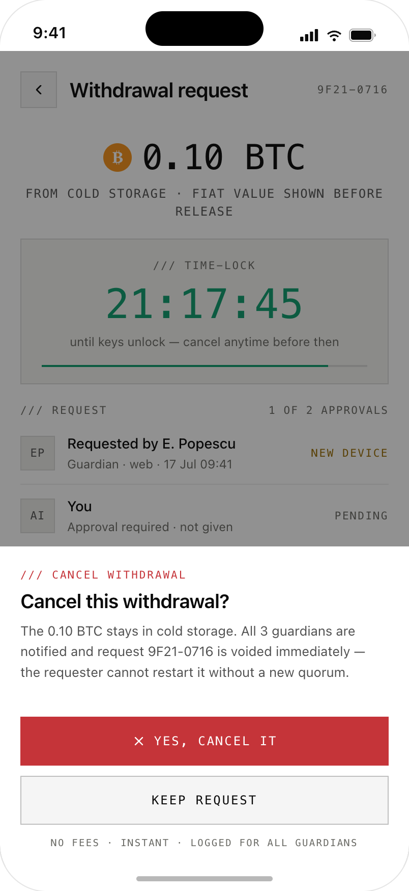 Cancel dialog over a pending 0.10 BTC withdrawal that was requested from a new device, with one tap voiding the request instantly