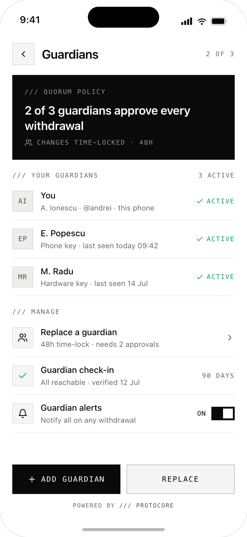 Guardians screen listing three active guardians — this phone, a second phone key, and a hardware key — under a 2-of-3 quorum policy with 48-hour time-locked changes