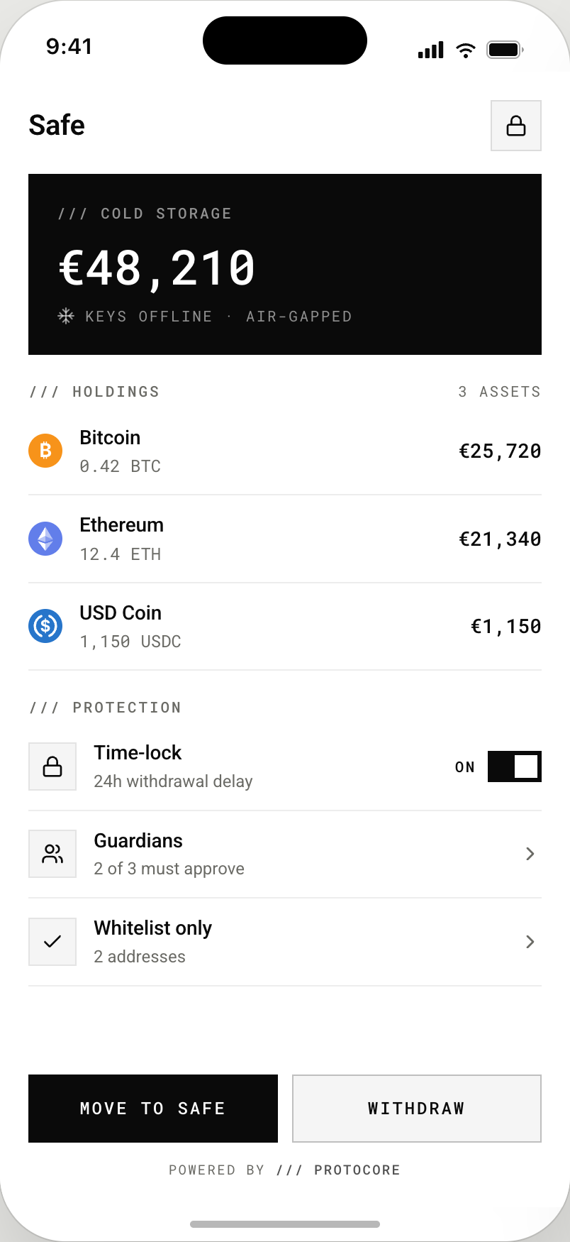 Safe vault screen showing cold-stored balances and guardian status