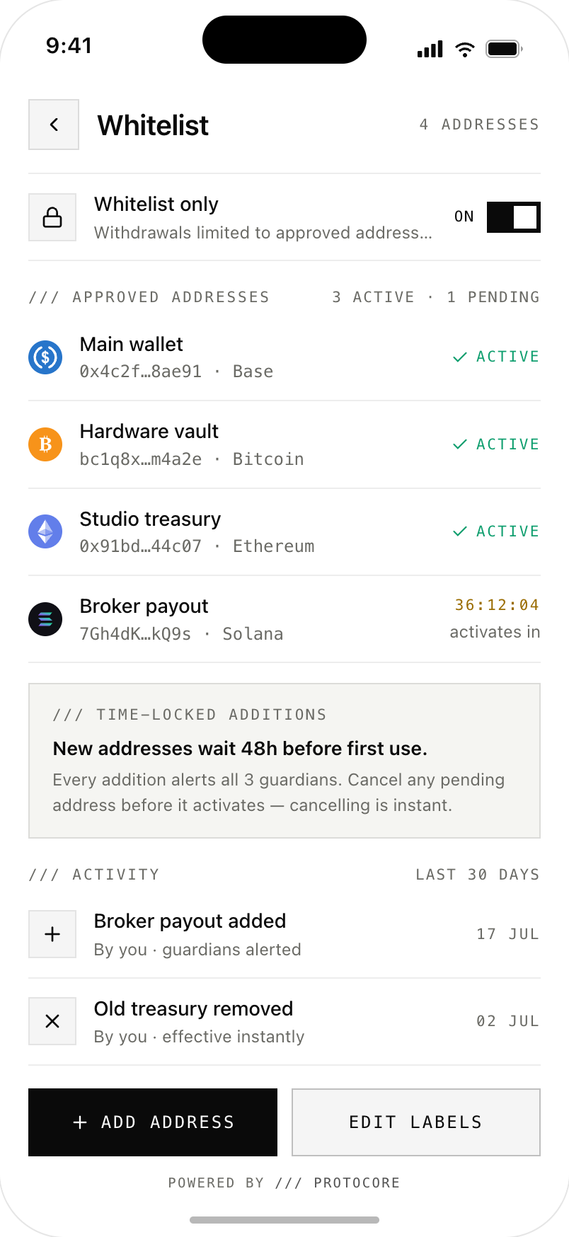 Whitelist screen with four labeled addresses across Base, Bitcoin, Ethereum, and Solana — three active and one still counting down its 48-hour activation