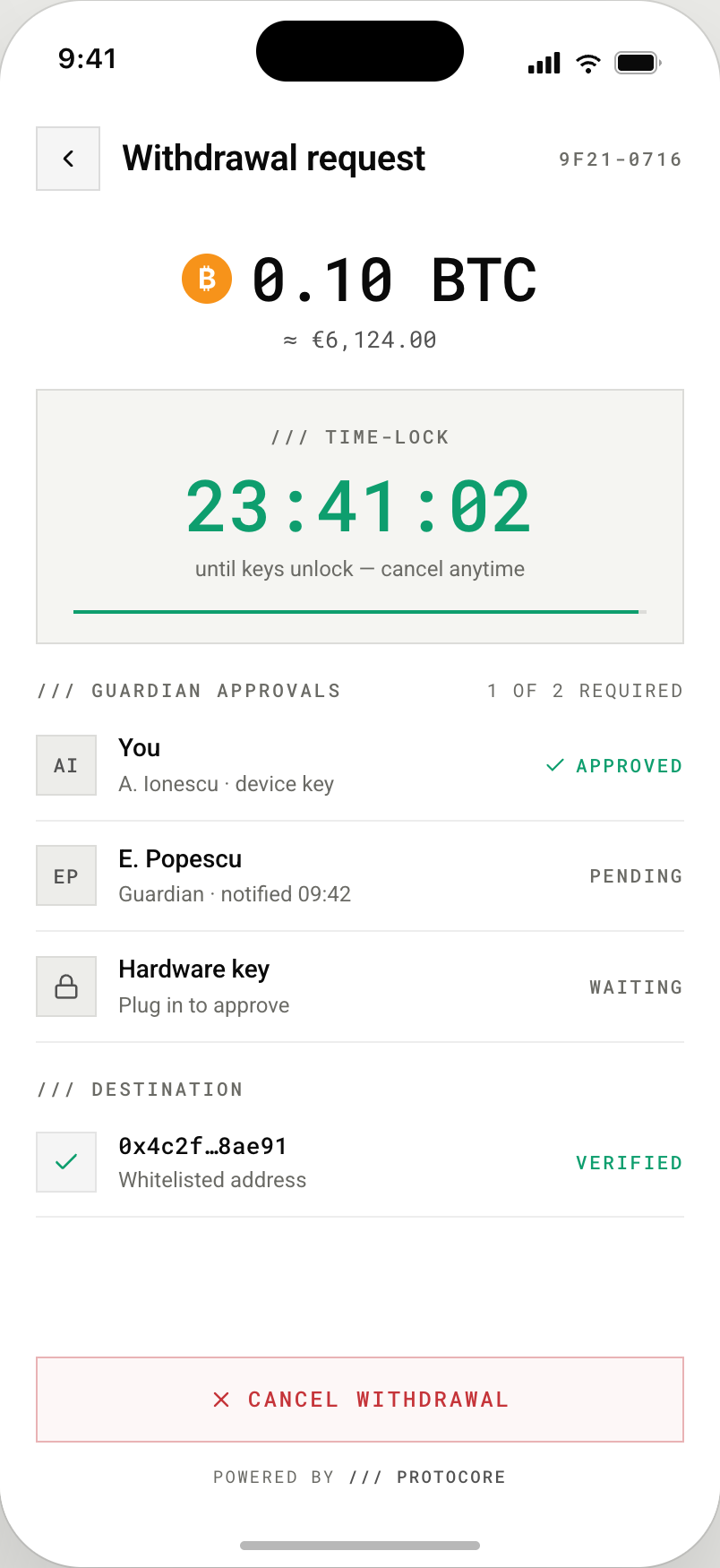 Withdrawal screen showing a 24-hour time-lock countdown and guardian approval progress