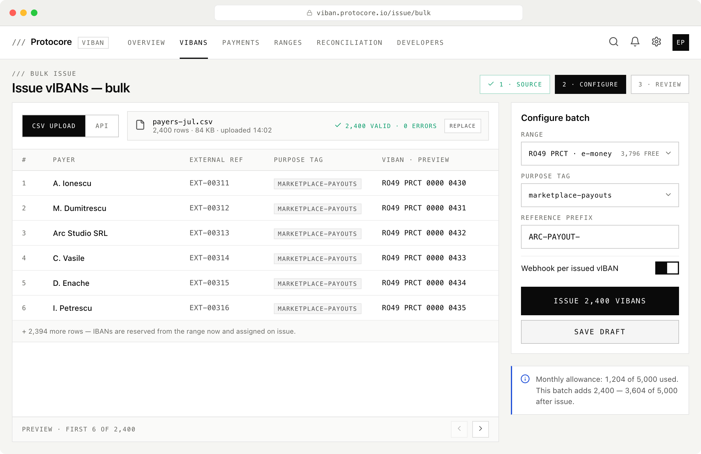 Bulk issue flow with a validated CSV of 2,400 payers, a previewed IBAN on every row, and a configuration panel choosing the range, purpose tag, and reference prefix before issuing