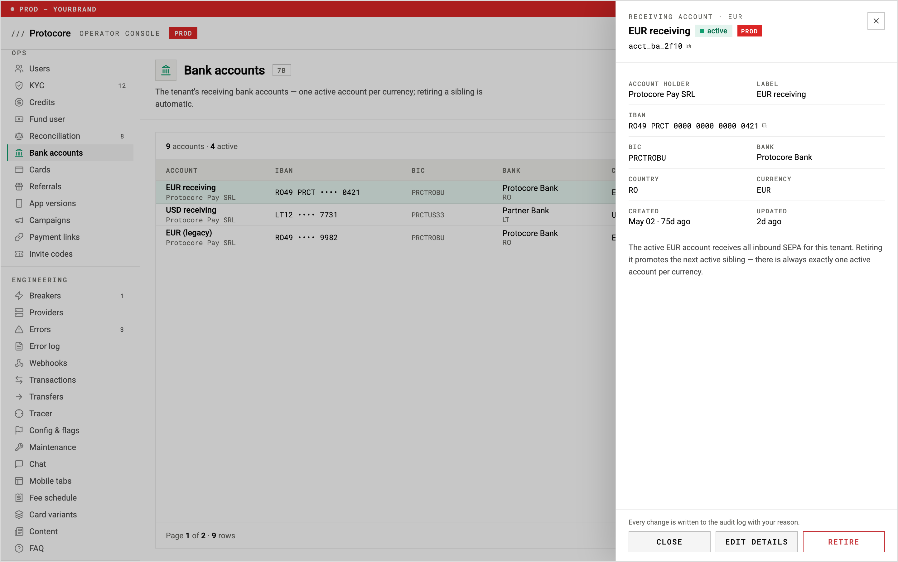 Operator console bank-accounts view listing the receiving accounts behind the program, with a detail drawer for the active EUR account and a rule that retiring it promotes the next sibling