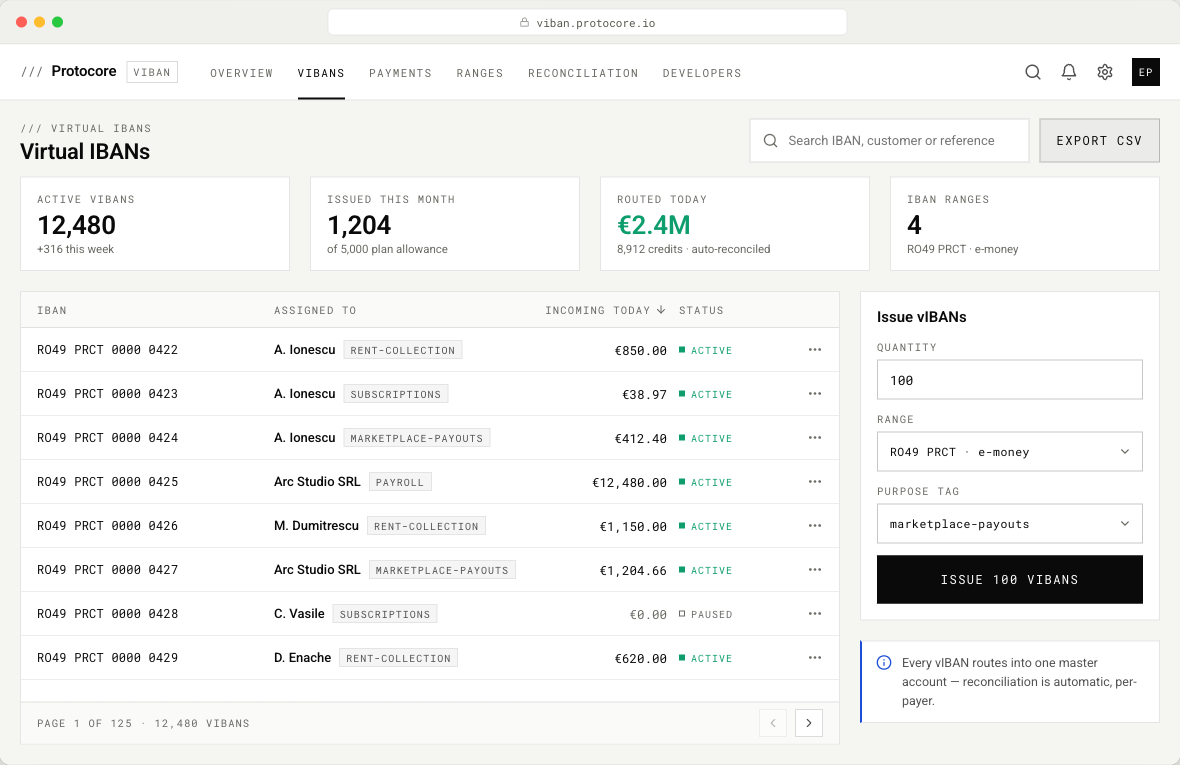 vIBAN operator console listing virtual IBANs with purpose tags and incoming payments