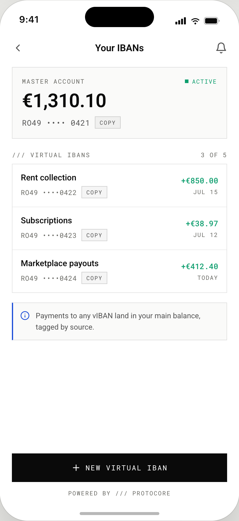 Customer mobile view showing their dedicated virtual IBAN for payments