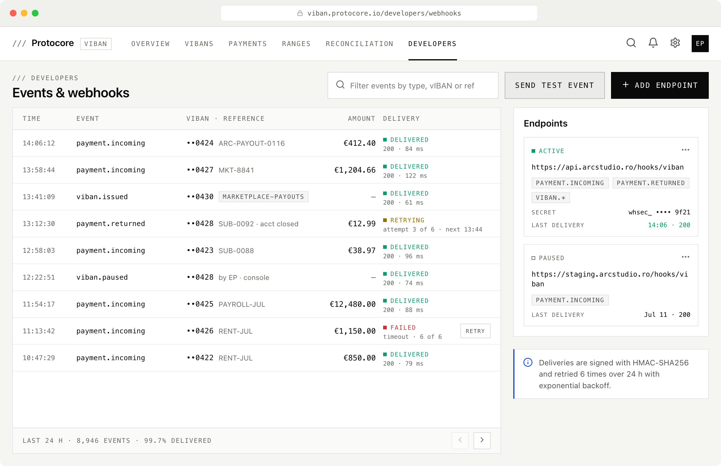 Events and webhooks view streaming payment and lifecycle events with per-delivery statuses and retries, next to two signed endpoints — one active, one paused