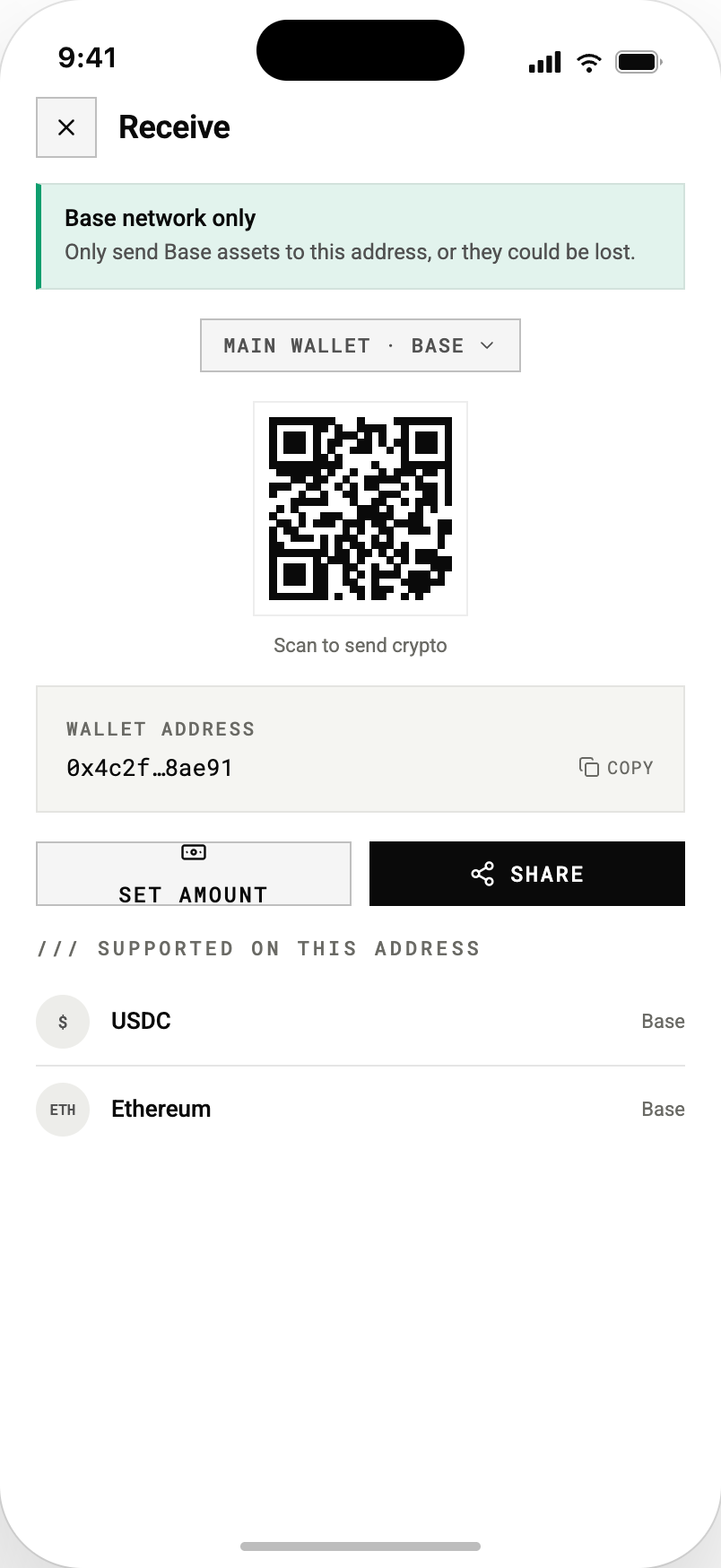 Receive screen with a QR code, a copyable Base address, a wrong-network warning, and the assets supported on that address