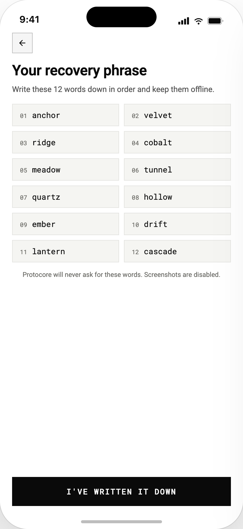 Recovery-phrase screen showing a numbered twelve-word phrase with instructions to keep it offline and a note that screenshots are disabled