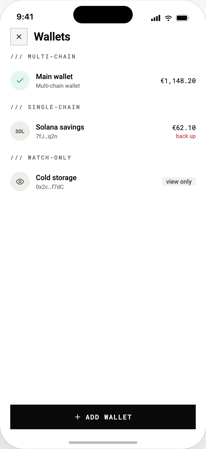 Wallet switcher listing a multi-chain main wallet, a single-chain Solana wallet flagged for backup, and a watch-only cold-storage address