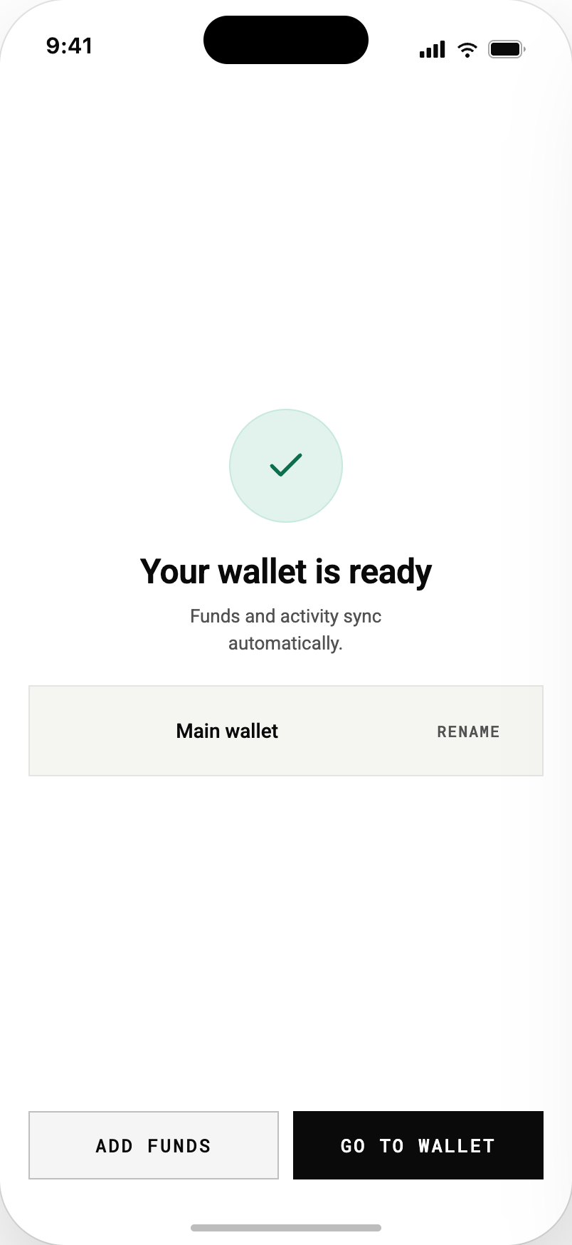 Protocore Wallets app screen showing a newly created self-custody wallet ready to receive assets