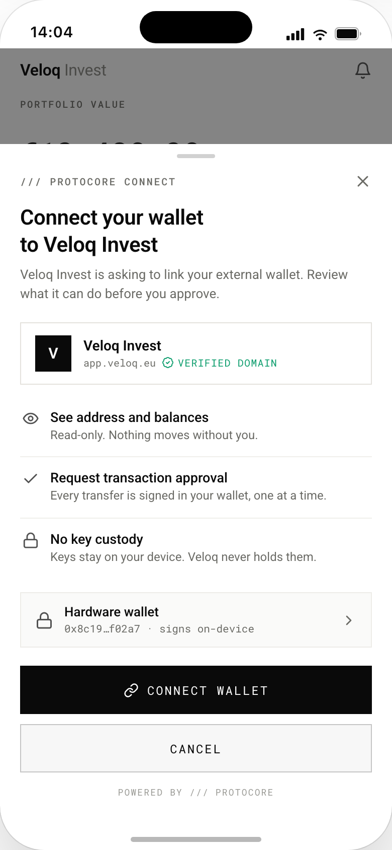 iPhone screen of a wallet-connect consent sheet over a dimmed host investment app: the requesting app shown with a verified-domain badge, three permission rows explaining read-only balance access, per-transaction approval and no key custody, a selected hardware wallet with a masked address, and Connect wallet and Cancel buttons.