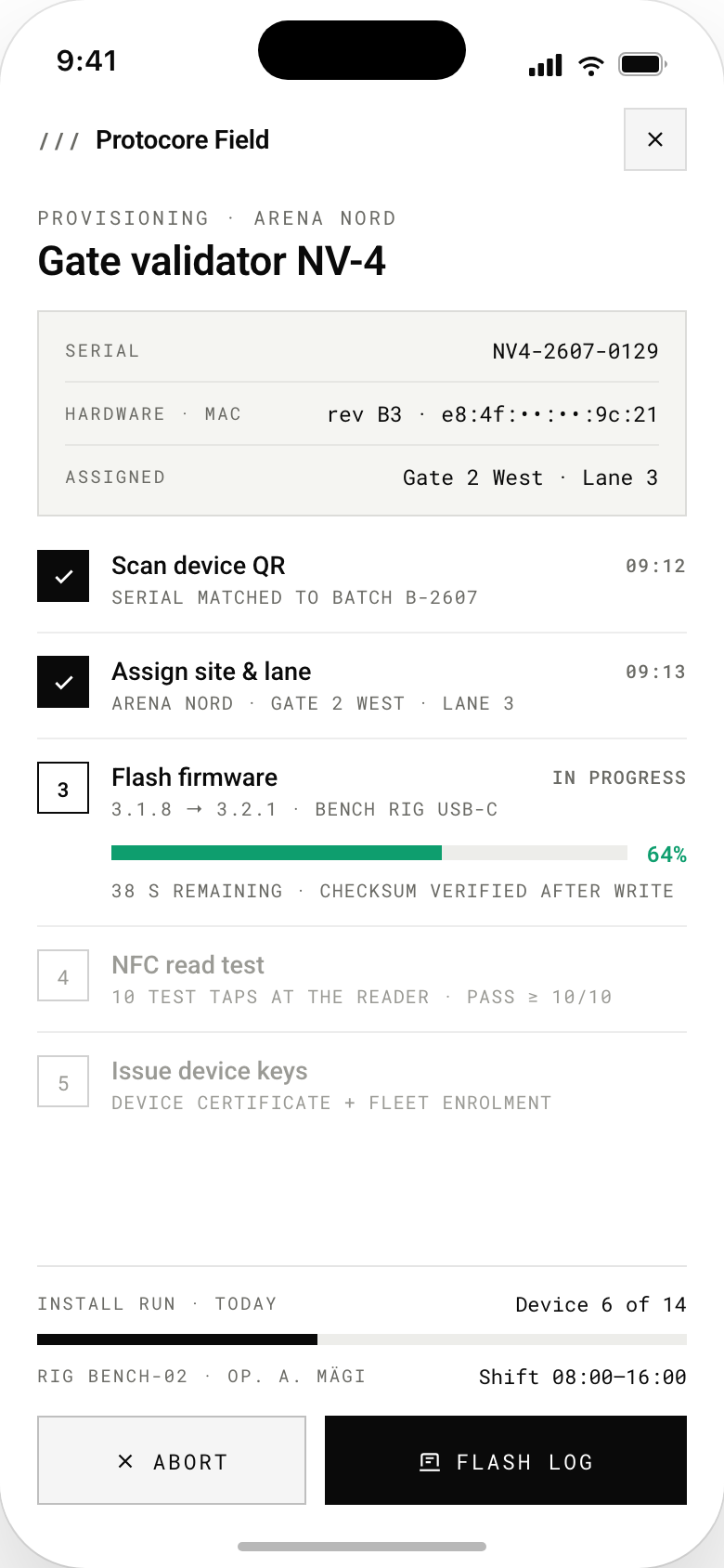 Ecran de telefon cu o aplicație de tehnician care provizionează un validator de poartă NFC: un card de dispozitiv cu serie, revizie de hardware și poarta atribuită, o listă de verificare în cinci pași cu doi pași încheiați și scrierea firmware-ului la 64 la sută pe o bară de progres verde, plus butoane de Abandonare și Jurnal de scriere.